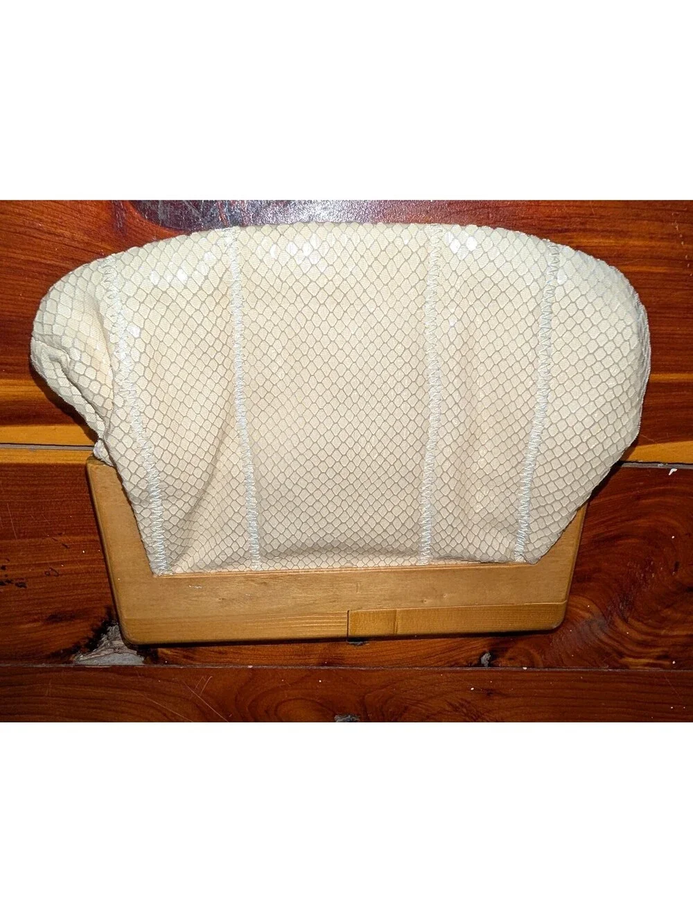 Sondra Roberts Beige Mesh Clutch with Wooden Frame